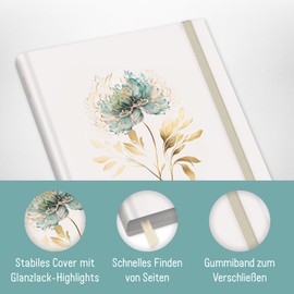 paper&you® Bullet Journal Dotted A5 with Elastic Band [Golden Flower] 156 Pages | Notebook Dotted, Diary | Sustainable & Climate Friendly