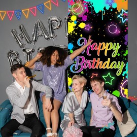 Avezano Glow Neon Birthday Door Cover Glow in The Dark Photo Door Banner Graffiti Splash Paint Neon Birthday Party Decorations
