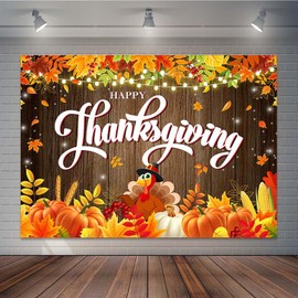 Joliaco Happy Thanksgiving Backdrop Rustic Wood Turkey Photography Background Autumn Pumpkin Harvest Maple Leaves Fall Thanksgiving Party Decorations Photo Booth Props (7x5ft)