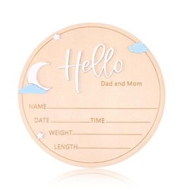 Lyreh Wooden Baby Announcement Sign, Round Hello World Birth Name Sign with Moon and Stars Patterns Chic Newborn Plaque for Welcome New Baby Boys Girls Commemorative Photo Props Nursery Home Decor