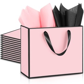 ReliThick 12 Pack Metallic Paper Gift Bag with Handle and Tissue 11.8 x 10 x 4'' Thank You Favor Bag for Wedding Bridal Shower Groomsmen Birthday Party Business Baby Shower Retirement(Pink, Black)