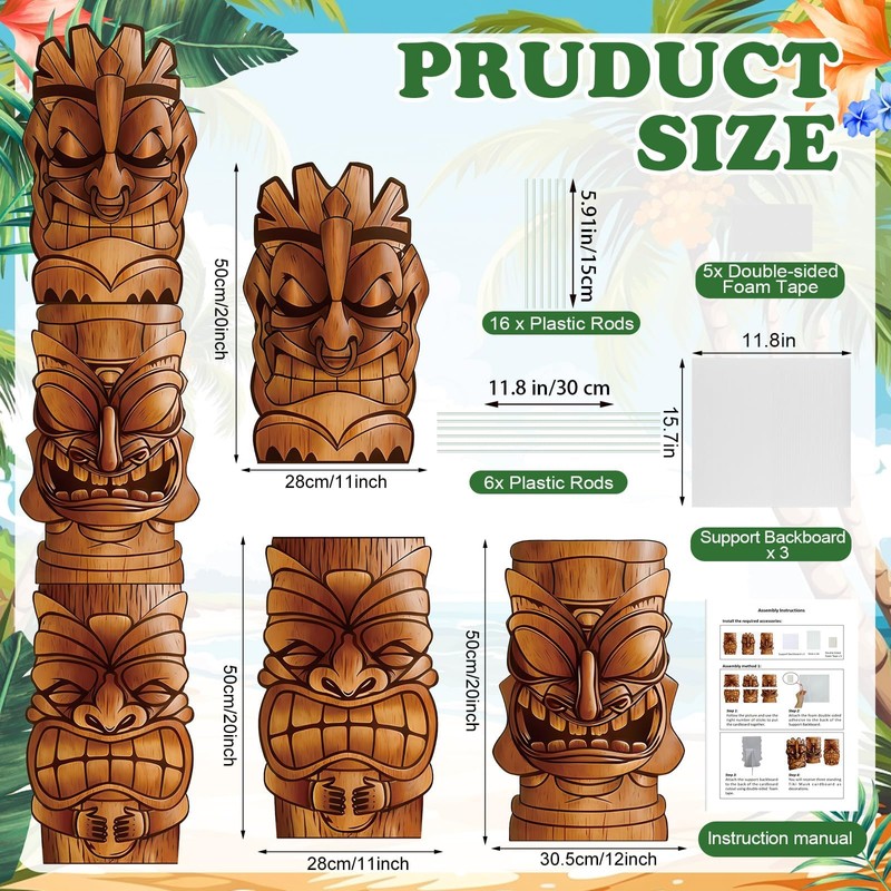 3Pcs 20 in Large Tiki Mask Cardboard Cutouts Plastic Standup