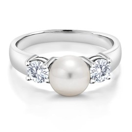 Gem Stone King 925 Sterling Silver Freshwater Pearl and White Moissanite Ring For Women (0.66 Cttw, Gemstone Birthstone, Size 9)