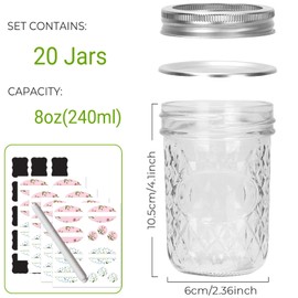 Keketin 8 oz Mason Jars with Airtight Lids,20 Pack Wide Mouth Glass Canning Jars,240ml Glass Mason Jar Diamond Jelly Jars for Honey,Jam Preserving,Fruits Salad,Baby Foods,Party Favors