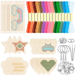 GLARKS 78pcs Butterfly Flower Love Star Rectangle Wooden Cross Stitch Kit, Wood Cross Stitching Keyrings, Craft Cross Stitch Wood Kit, Wooden Threading Kits for Decoration Supplies Art Craft