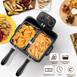 CHEFJOY Electric Deep Fryer with 3 Baskets, 5.3Qt Adjustable Temperature Electric Oil Fryer w/Timer, View Window Lid, Professional Style, Non-Stick Inner Pot Easy to Clean, Deep Fryer for Home Use