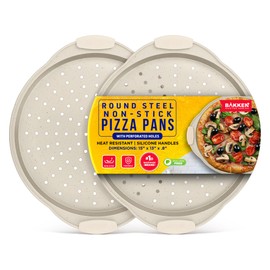 Bakken Pizza Baking Pan - Round Perforated Carbon Steel Pan with Non-Stick Marble Coating, Oversized Silicone Handle, Dishwasher Safe, High-Temperature Resistant, Durable & Easy Cleanup White, 2 Pack