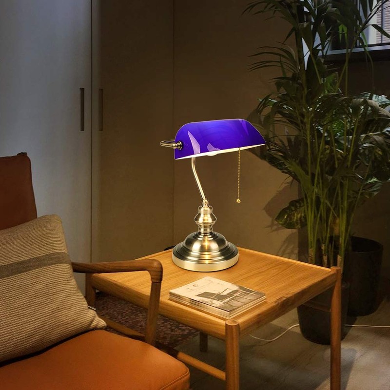 FIRVRE Blue Glass Bankers Desk Lamp Bright Executive Table Lamp