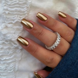 SXVME Acrylic Press on Nails Medium, Metallic Pastel Gold Fake Nails with Design, Sparkle Chrome Nails Press ons Short Square, Glazed Soft Gel Glue on Nails for Women Christmas Nail Art in 24 Pcs