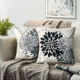 Set of 2 Cushion Covers 50 x 50 cm Black Grey Cushion Covers Cushion Cover Geometry Dahlia Flower Decorative Cushion Cover Linen Garden Cushion Covers for Living Room Sofa Car Farmhouse Decoration
