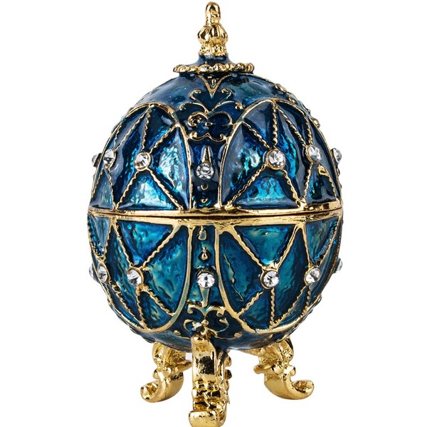 YU FENG Blue Faberge Egg Ornaments Collectible,Hand-Painted Easter Egg Crystal Jeweled Trinket Jewelry Box Hinged
