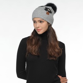 C.C Daisy Pattern Beanie with Pom for Women - Recycled Yarn Stretchable Soft Warm with Faux Fur Pom Knit Winter Skully Hat
