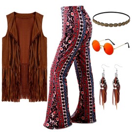 Leumoi 5 Pcs 60s 70s Costume for Women Disco Outfits Hippie Accessories Fringe Vest Boho Flared Pants Set for Carnival(X-Large,Vintage)