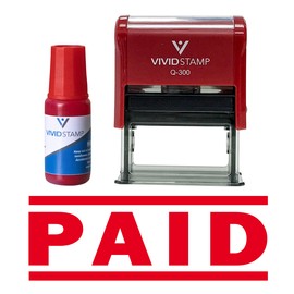 Vivid Stamp Paid Self Inking Rubber Stamp Combo With Refill - Large - 3/4" x 1-7/8", Red
