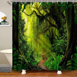 Loussiesd Woodland Shower Curtain Kids Teens Woodland and Pathway Foliage Trunk Greenery Bath Curtain with 12 Hooks Bathroom Decor Yellow Green Shower Curtain Set for Stalls Bathtubs,150x180cm