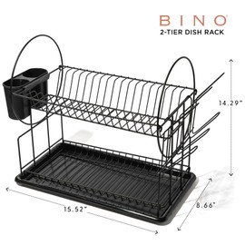 BINO 2-Tier Dish Rack with Tray - Matte Black | Drying Rack with Drainboard | Dish Holders for Cups, Wine Glasses & Plates | Utensils Cutlery Strainers | Storage Rack for Kitchen Counter Organization
