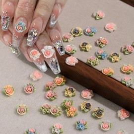 60Pcs Hibiscus Flower Nail Charms Mixed Styles Rose Nail Rhinestones Colorful Resin Nail Jewelry Set Spring Summer Nail Gems 3D Glitter Floral Crystal Diamonds for Women Acrylic Nails Supplies
