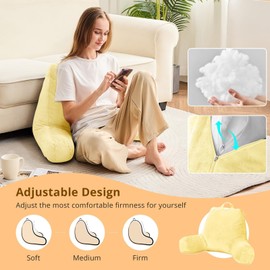 Sasttie Reading Pillow, Velvet Back Pillow for Bed Sitting Up, Adult Back-Rest Support Cushion with Arms for Sit Up on Couch, Sofa, and Floor, Dorm Essentials, Reading Accessories, Light Yellow