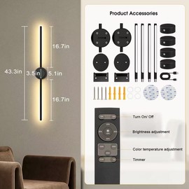 AHAWILL Battery Operated Wall Sconces Set of Two with Remote,Stepless 3CCT Dimmable, USB Rechargeable Wireless Wall Lamp,360°Rotate Wall Lights for Bedroom,43.3inch(Two Pairs of Batteries)