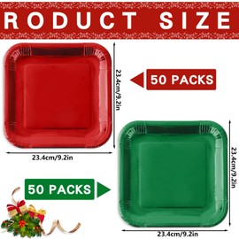 JarThenaAMCS 100Pcs Christmas Red Green Square Paper Plates 9 Inch Metallic Foil Plates Merry Christmas Disposable Plates for Xmas Winter Party Tableware Supplies