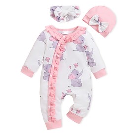 Doresbebe 0-3 Months Baby Girl Clothes Newborn Infant Girl Romper Fall Winter Outfits Coming Home Casual Clothes Set Pink Elephant Design New Born Essentials 3Pc Hat Headband Pink