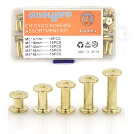75 Sets Chicago Screws Assorted Kit 5 Sizes Golden Leather Rivets Screw Rivets Slotted Phillip Head Book Binding Posts Nail Rivet Chicago Bolts for DIY Leather Craft Bookbinding (5 x 6,10,12,15,18)