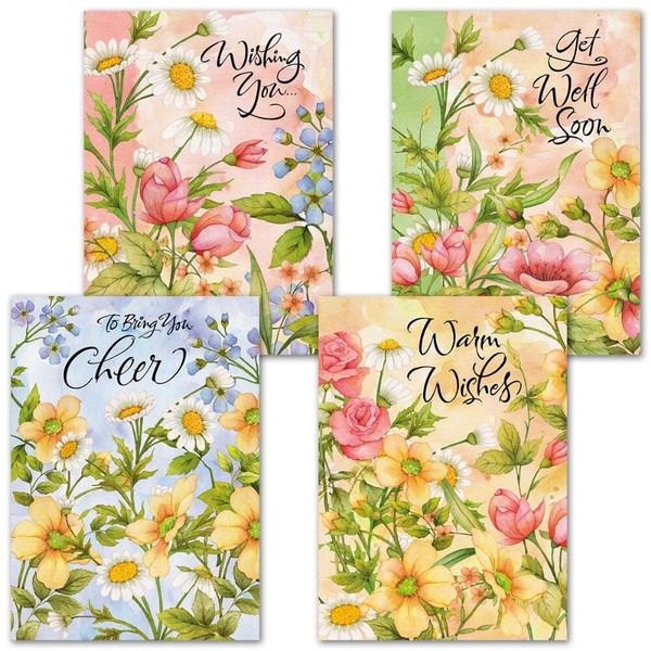 Watercolor Garden Get Well Greeting Cards - Set of 8 (4 designs) Large 5 x 7, Sentiments Inside, Thinking of You