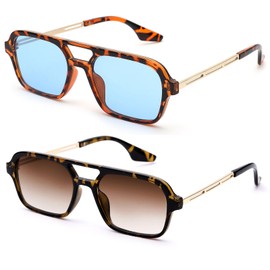 COASION Vintage 70s Flat Aviator Sunglasses for Women Men Square Metal Design UV400 Protection Shades (Leopard Frame/Blue Lens + Leopard Frame/Gradient Brown Lens)