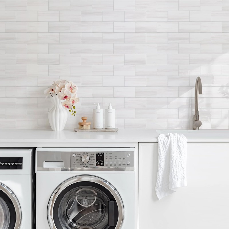 Vamos Tile 100-Piece Glossy Dolomite White Peel and Stick Backsplash