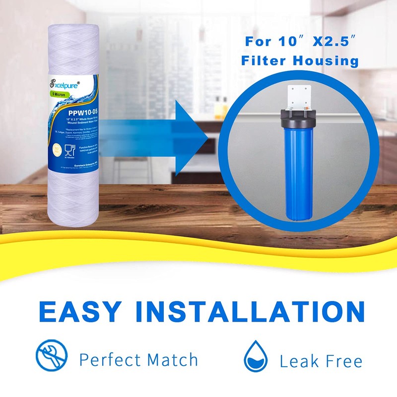 EXCELPURE 5 Micron 10"x2.5" Whole House String Wound Sediment Filter