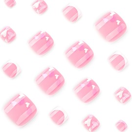 24 Pcs Pink Press On Toenails for Women,YEFIUO Acrylic Fake Toe Nails Press ons Nail Art White Rose Pink Glitter French Glossy Design Full Cover False Nails Glue on Toe Nails Stick on Nails for Ma'am