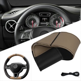 Xkeribom Steering Wheel Cover Lace-Up Leather 37-38 cm 12 o'clock Marking Beige Black Sport