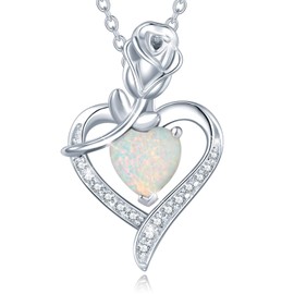 AGVANA October Birthstone Jewelry Opal Necklace for Women Sterling Silver Rose Flower Heart Pendant Necklace Fine Jewelry Anniversary Birthday Gifts for Women Mom Wife Lady Her