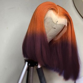 cute fairy Ombre Purple Ginger Bob Wigs Human Hair Multicolor Ginger Purple Bob 13x4 Lace Frontal Human Hair Wigs For Women 10 Inch 180% Density Pre Plucked With Natural Hairline