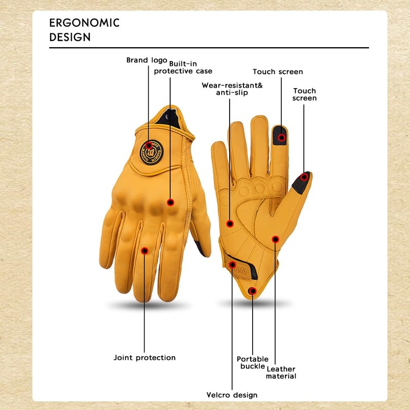mjmoto Yellow Classic Goat Leather Motorcycle Gloves with Hole Summer