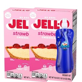 Jel-0 Dessert Kit No Baking with Crust Mix & Filling Mix 19.6 oz Box (Pack of 2) Includes Candy Freezer Collapsible Water Bottle (Strawberry Cheesecake) Bottle