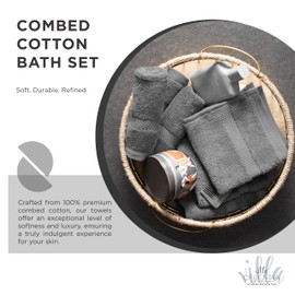 Villa Celestia 100% Cotton Bath Towel Set of 18-4 Bath Towels, 6 Hand Towels, 8 Wash Cloths, Sustainable, Soft, Highly Absorbent, Combed Cotton 18 Piece Set for Hotels, Spa, Bathroom, Dorm, Grey
