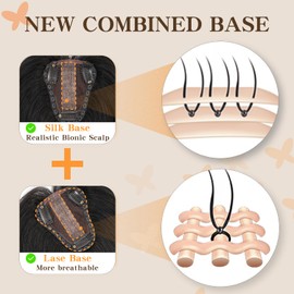 TESSHAIR Hair Toppers for Women Real Human Hair No Bangs Human Hair Toppers for Women 150% Density Human Hair Toppers for Thin Hair 14 Inch Toppers Hair Pieces for Women Dark Black