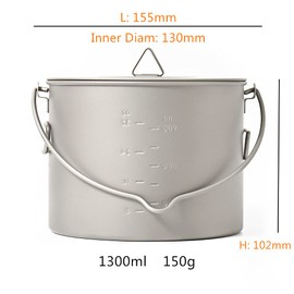 TOAKS Titanium Pot with Bail Handle, Outdoor Hanging Camping Cookware Easy to Carry (1300ml)