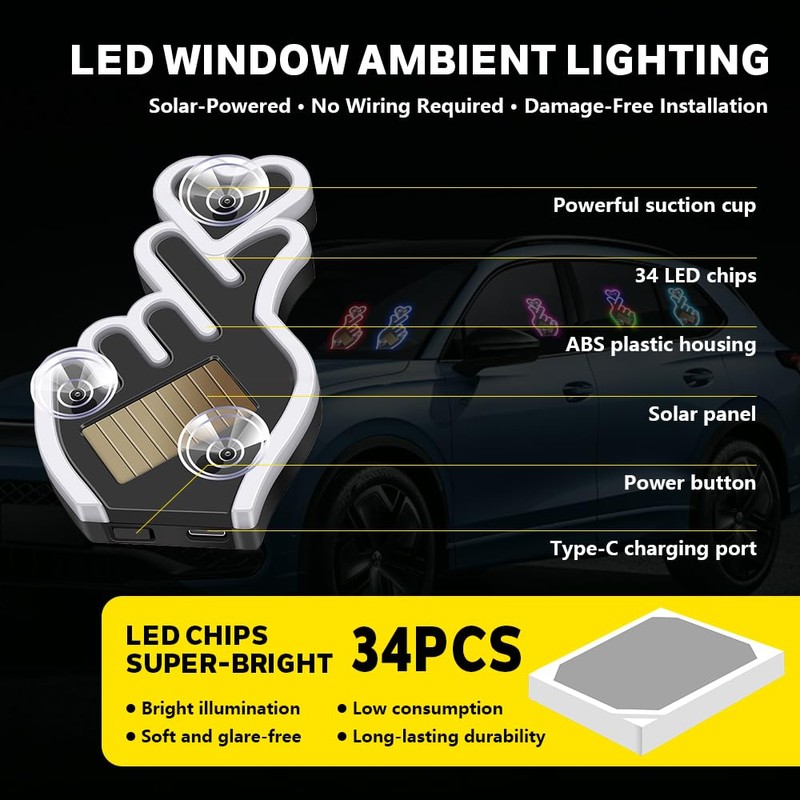 Finger Heart Car Window Light, Solar-Powered Wireless LED Heart Shape