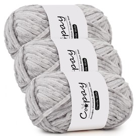 Coopay Chenille Wool for Crochet, 3 x 100 g, Velvet Chenille Yarn, Thick Fluffy Soft Chenille Yarn, Chenille Wool, Soft Plush Wool Crochet Yarn for Blankets, Scarves - Light Grey