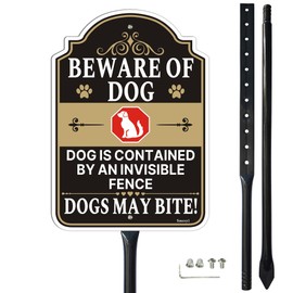 Smeryl Beware of Dog Signs, Dog Contained by an Invisible Fence Sign with 34.6" Stake for Yard, 12” x 8” Warning Dogs Sign with Stake, Rust-Free Aluminum, Weatherproof, Easy to Install, 1 Pack