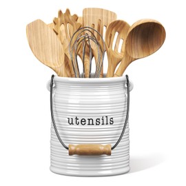 Barnyard Designs Ceramic Farmhouse Kitchen Utensil Holder for Countertop, Decorative Kitchen Utensil Crock for Counter, Spatula Holder, 6" White