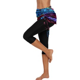 ECUPPER Women's Mid Waist Swimming Capris Shorts Knee Length Swim Leggings Bottom Pants Rainbow 12-14