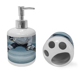 Ambesonne Sports Soap Dispenser & Toothbrush Holder Set, Ice Hockey Player with Stick and Puck Mountain Background Canadian, Ceramic Bathroom Toiletry Accessories, 2 Pcs, Charcoal Grey White