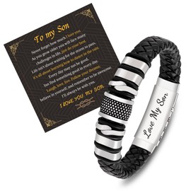 LAXPICOL Gift To My Son/Men Son bracelets,Mens Leather bracelet Boys Bracelets With Stainless Steel Adjustable Clasp,Braided Leather Bracelet Birthday Gift For Men/Son-Style P-Son