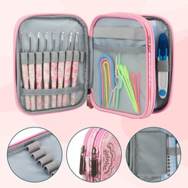 Aeelike Short Mandala Crochet Hook Case, Pink Crochet Bag Organiser with Double Storage Compartment, 17.5 x 14 x 4 cm, Zip Storage Bag for Crochet Hooks, Accessories (Bag Only)