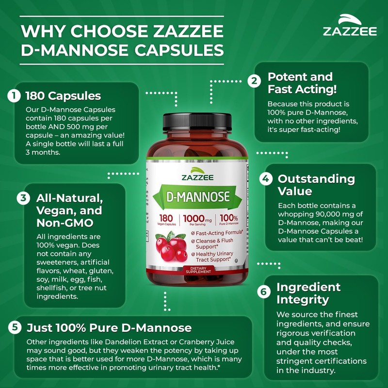Zazzee D-Mannose, 1000 mg per Serving, 180 Vegan Capsules, 3