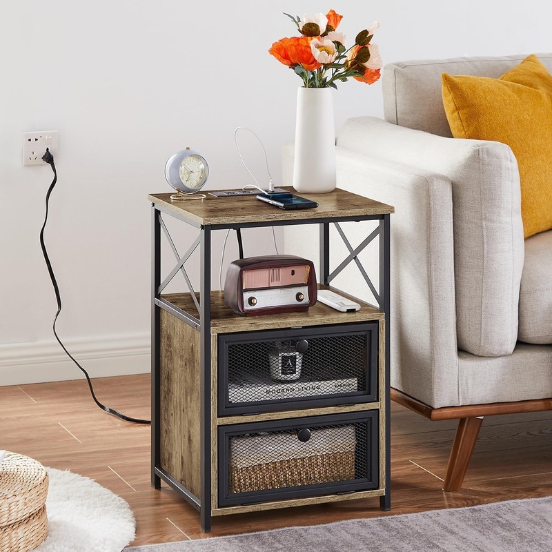 VECELO Dust Grey End Table with USB Ports and Outlets,24