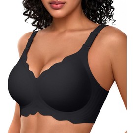 OEAK Womens Seamless Scalloped Bras No Underwire Push Up Full Coverage Anti Sagging Bra Comfortable Convertible Everyday Bra Black,3XL
